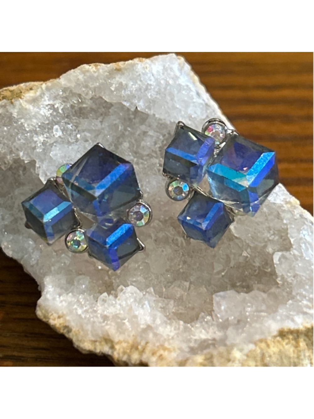 Women's Blue Iridescent Cube Cluster pierced Earrings One Size